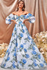 Load image into Gallery viewer, White Blue Flower A Line Long Prom Dress with Ruffled Sleeves