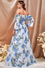 Load image into Gallery viewer, White Blue Flower A Line Long Prom Dress with Ruffled Sleeves