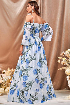 White Blue Flower A Line Long Prom Dress with Ruffled Sleeves