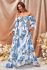 Load image into Gallery viewer, White Blue Flower A Line Long Prom Dress with Ruffled Sleeves