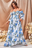 White Blue Flower A Line Long Prom Dress with Ruffled Sleeves