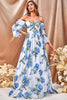 Load image into Gallery viewer, White Blue Flower A Line Long Prom Dress with Ruffled Sleeves