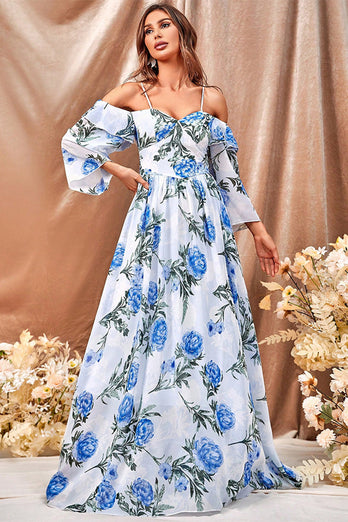 White Blue Flower A Line Long Prom Dress with Ruffled Sleeves