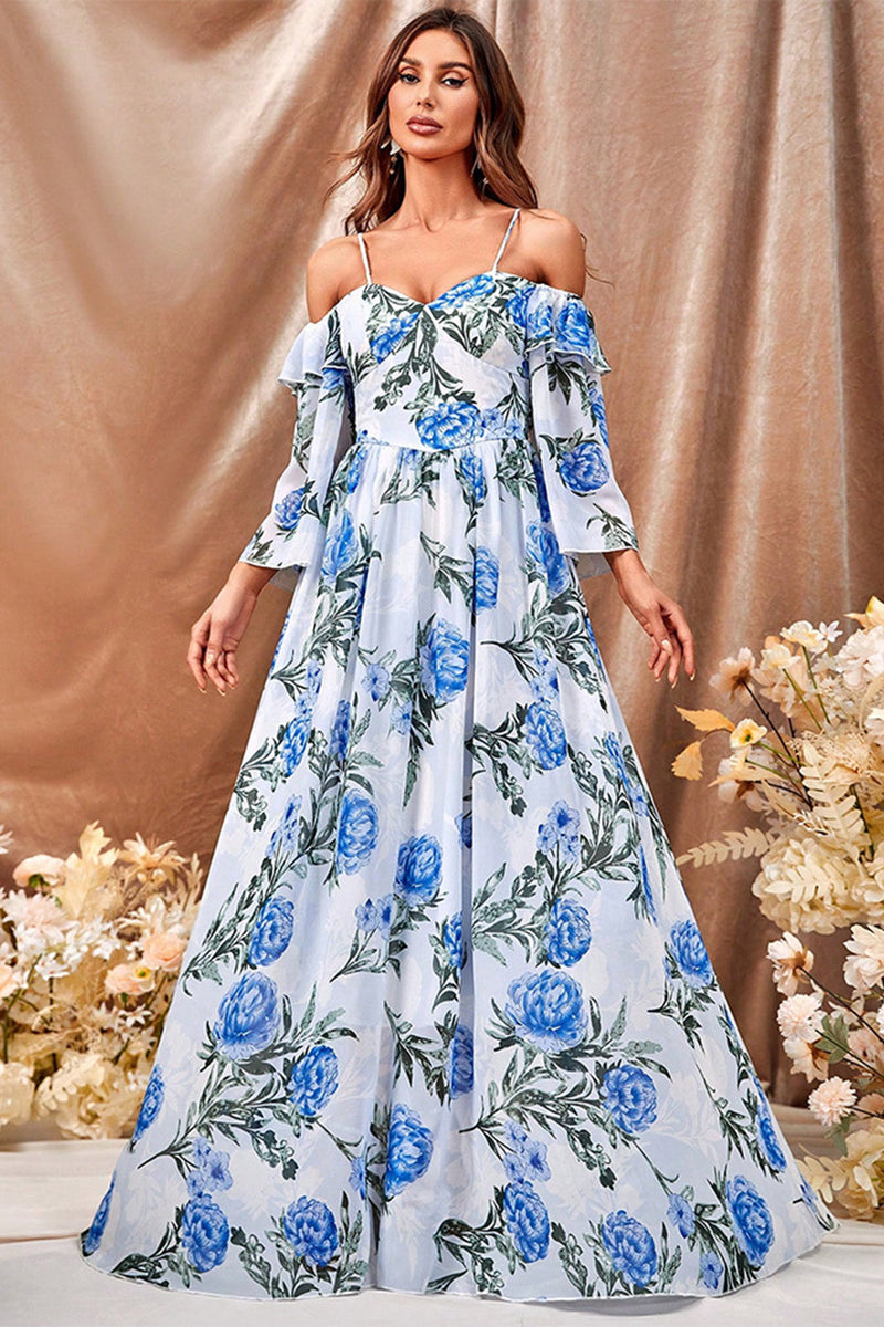 Load image into Gallery viewer, White Blue Flower A Line Long Prom Dress with Ruffled Sleeves