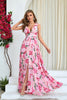 Load image into Gallery viewer, Pink Flower Print Pleated A Line Long Prom Dress with Slit