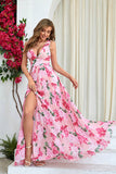 Pink Flower Print Pleated A Line Long Prom Dress with Slit