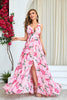 Load image into Gallery viewer, Pink Flower Print Pleated A Line Long Prom Dress with Slit