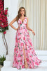 Load image into Gallery viewer, Pink Flower Print Pleated A Line Long Prom Dress with Slit