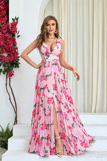 Pink Flower Print Pleated A Line Long Prom Dress with Slit