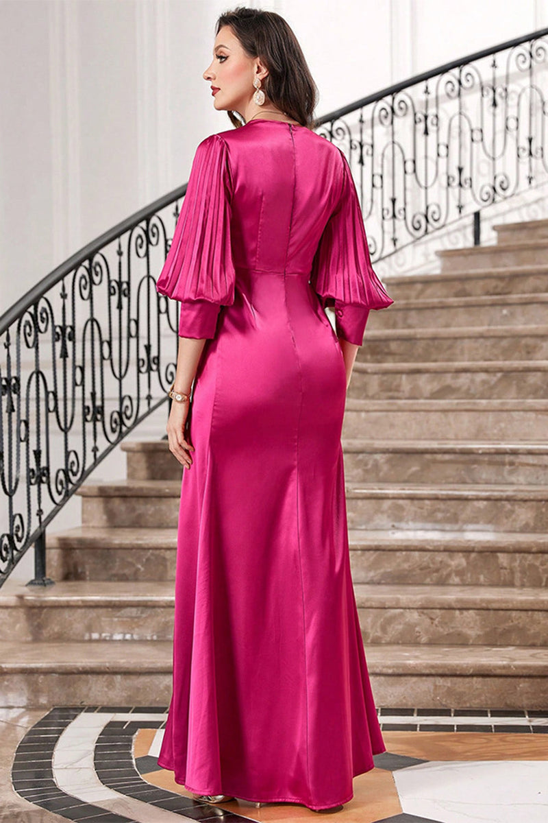 Load image into Gallery viewer, Fuchsia Pleated Long Prom Dress with Lantern Sleeves