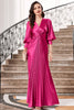 Load image into Gallery viewer, Fuchsia Pleated Long Prom Dress with Lantern Sleeves