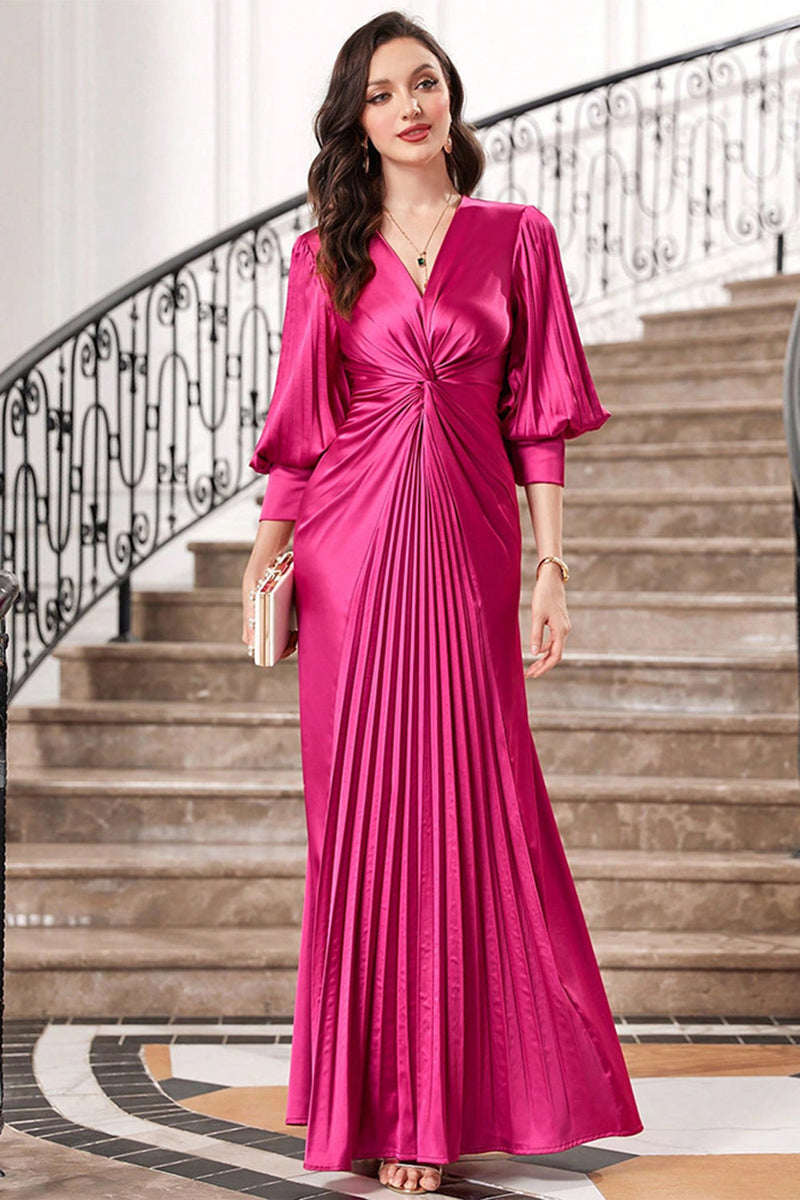 Load image into Gallery viewer, Fuchsia Pleated Long Prom Dress with Lantern Sleeves