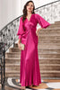 Load image into Gallery viewer, Fuchsia Pleated Long Prom Dress with Lantern Sleeves