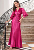 Load image into Gallery viewer, Fuchsia Pleated Long Prom Dress with Lantern Sleeves