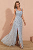 Load image into Gallery viewer, Sliver Grey A Line Floral Embroidery Long Prom Dress with Slit