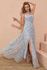 Load image into Gallery viewer, Sliver Grey A Line Floral Embroidery Long Prom Dress with Slit