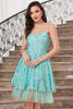 Load image into Gallery viewer, Sparkly Blue A Line Spaghetti Straps Sequins Tiered Short Graduation Dress