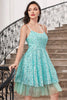 Load image into Gallery viewer, Sparkly Blue A Line Spaghetti Straps Sequins Tiered Short Graduation Dress