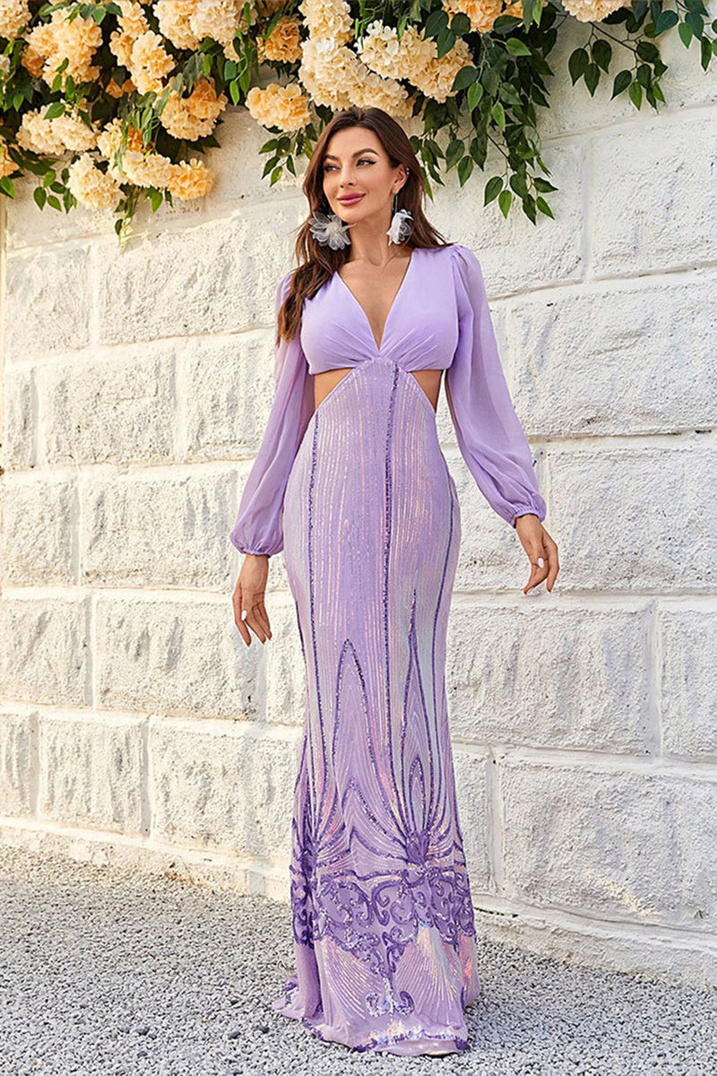 Load image into Gallery viewer, Purple Cut Out Sequins Long Sleeves Prom Dress with Lace-up Back