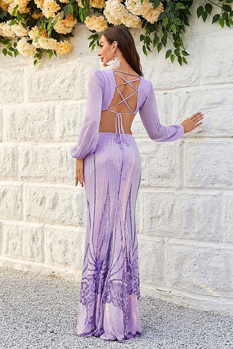 Load image into Gallery viewer, Purple Cut Out Sequins Long Sleeves Prom Dress with Lace-up Back