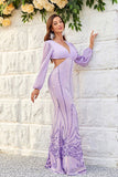 Purple Cut Out Sequins Long Sleeves Prom Dress with Lace-up Back