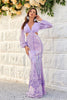 Load image into Gallery viewer, Purple Cut Out Sequins Long Sleeves Prom Dress with Lace-up Back