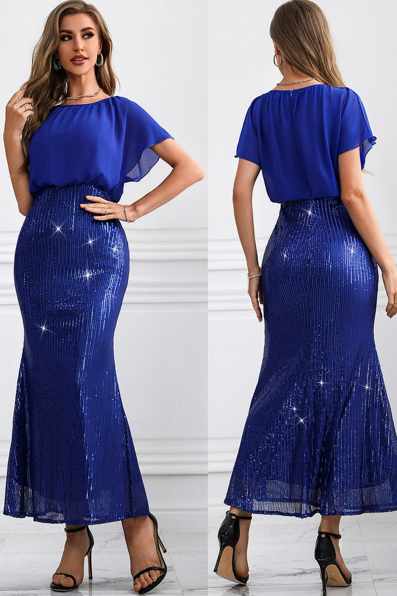 Load image into Gallery viewer, Sparkly Royal Blue Long Batwing Sleeves Mermaid Prom Dress