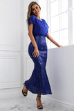 Sparkly Royal Blue Long Batwing Sleeves Mermaid Prom Dress