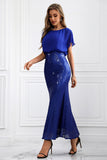 Sparkly Royal Blue Long Batwing Sleeves Mermaid Prom Dress