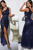 Load image into Gallery viewer, Sparkly Royal Blue One Shoulder Cut Out Long Prom Dress with Slit