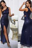 Sparkly Royal Blue One Shoulder Cut Out Long Prom Dress with Slit