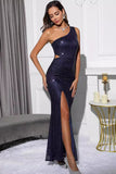 Sparkly Royal Blue One Shoulder Cut Out Long Prom Dress with Slit