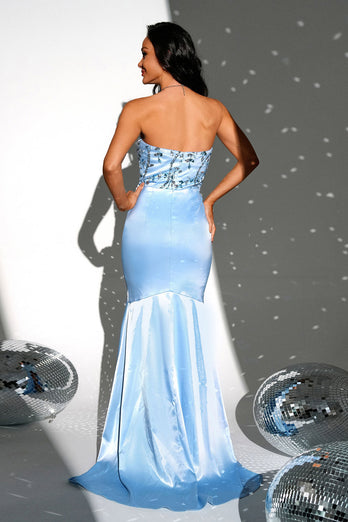 Sparkly Blue Strapless Mermaid Long Prom Dress with Slit