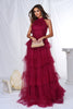 Load image into Gallery viewer, Burgundy Halter Tiered Tulle A Line Long Prom Dress