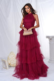 Burgundy Halter Tiered Tulle A Line Long Prom Dress