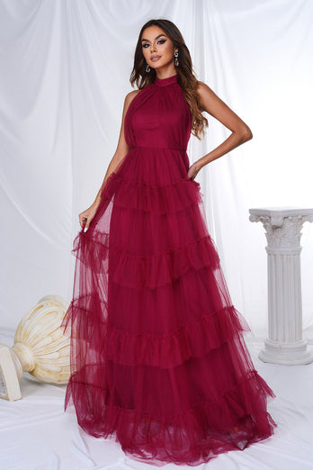 Burgundy Halter Tiered Tulle A Line Long Prom Dress