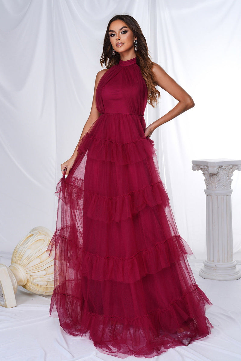 Load image into Gallery viewer, Burgundy Halter Tiered Tulle A Line Long Prom Dress