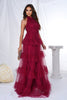 Load image into Gallery viewer, Burgundy Halter Tiered Tulle A Line Long Prom Dress