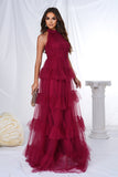 Burgundy Halter Tiered Tulle A Line Long Prom Dress