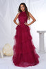 Load image into Gallery viewer, Burgundy Halter Tiered Tulle A Line Long Prom Dress