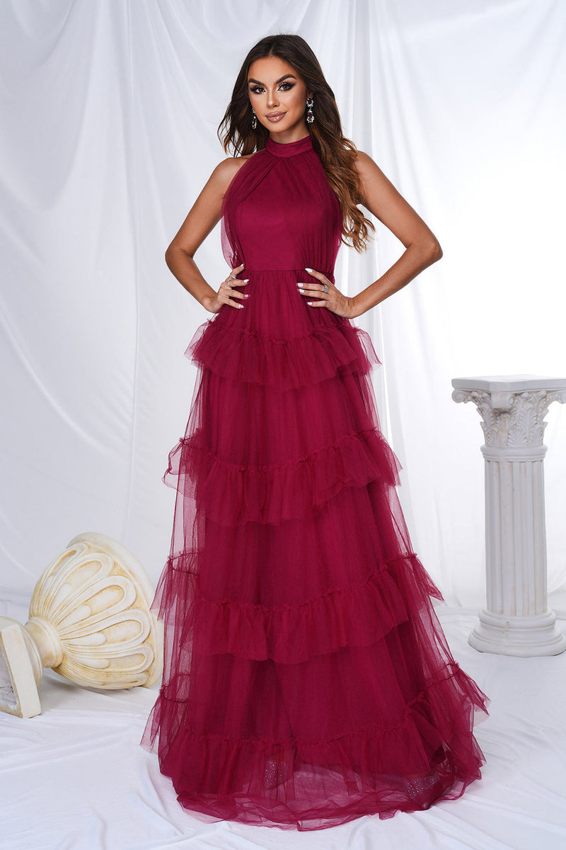 Load image into Gallery viewer, Burgundy Halter Tiered Tulle A Line Long Prom Dress