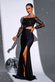Black Cut Out Mermaid Off the Shoulder Appliques Long Sleeves Prom Dress with Slit