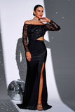 Black Cut Out Mermaid Off the Shoulder Appliques Long Sleeves Prom Dress with Slit
