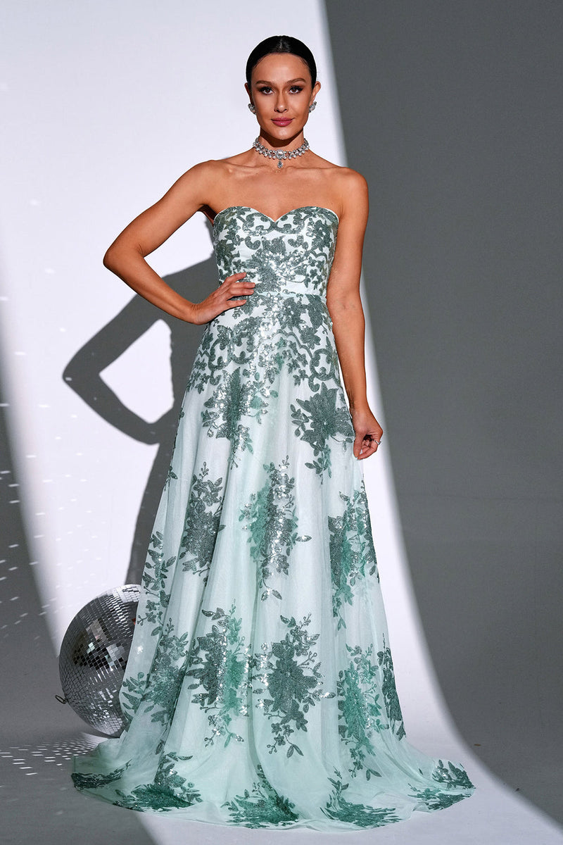 Load image into Gallery viewer, Sparkly Green A Line Sweetheart Long Prom Dress