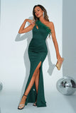 Mermaid Green One Shoulder Long Prom Dress with Slit