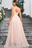 Load image into Gallery viewer, Sparkly Pink A Line Spaghetti Straps Long Prom Dress With Appliques