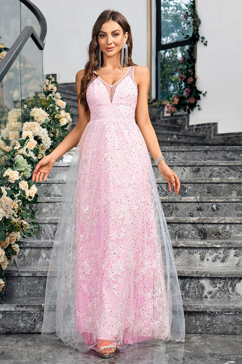 Load image into Gallery viewer, Sparkly Pink  A Line V-Neck Prom Dress