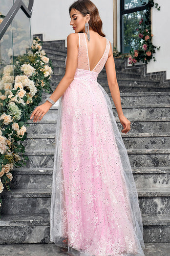 Sparkly Pink  A Line V-Neck Prom Dress