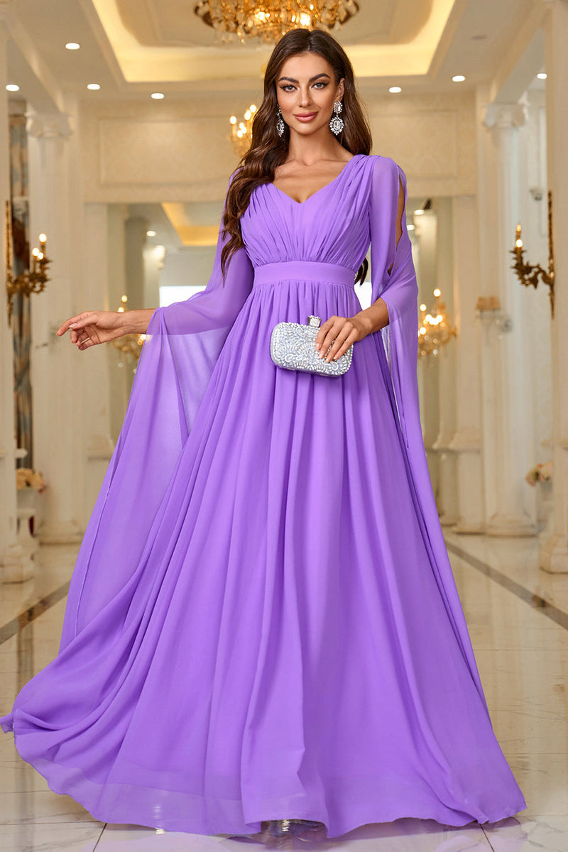 Load image into Gallery viewer, Purple A Line V Neck Long Sleeves Chiffon Prom Dress