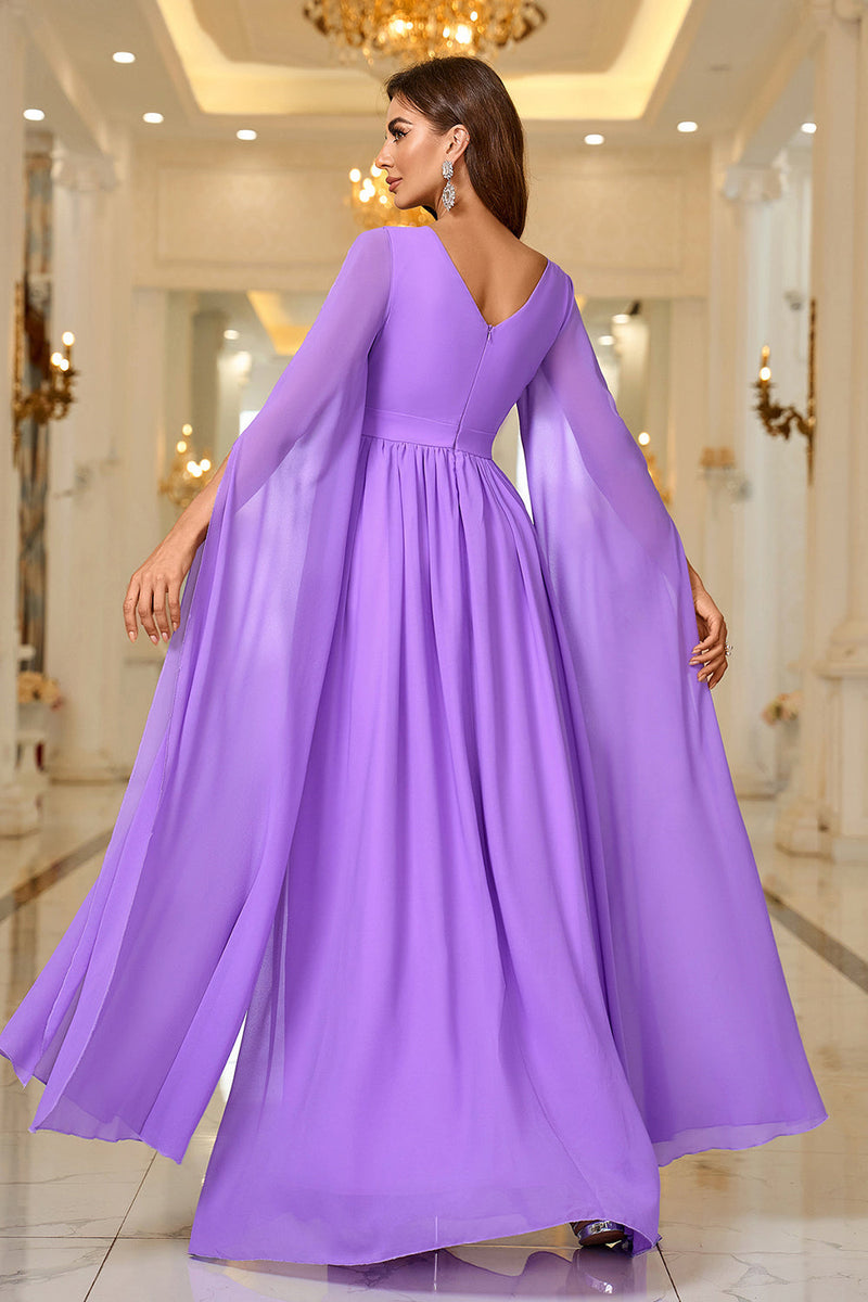 Load image into Gallery viewer, Purple A Line V Neck Long Sleeves Chiffon Prom Dress